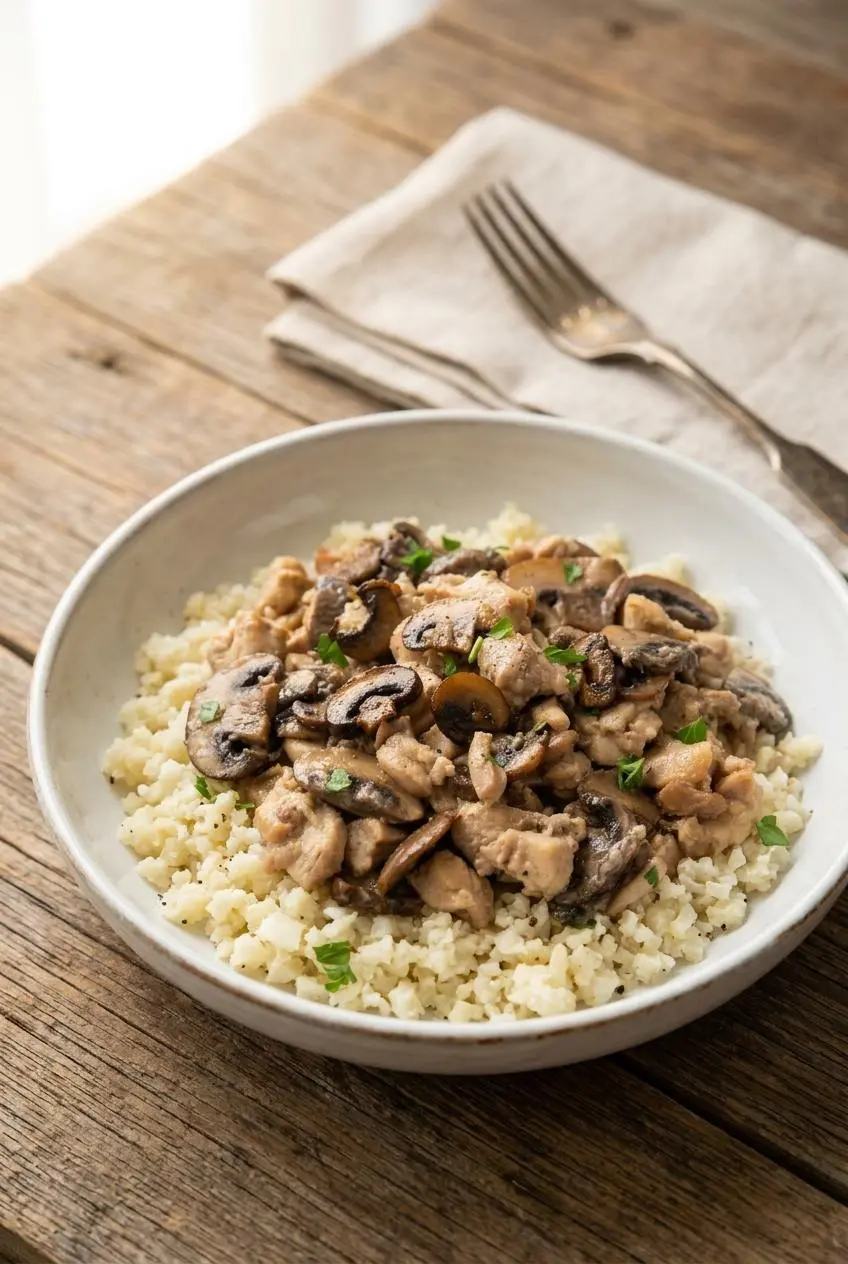 Keto chicken and mushrooms served over buttery riced cauliflower in a shallow white ceramic bowl.