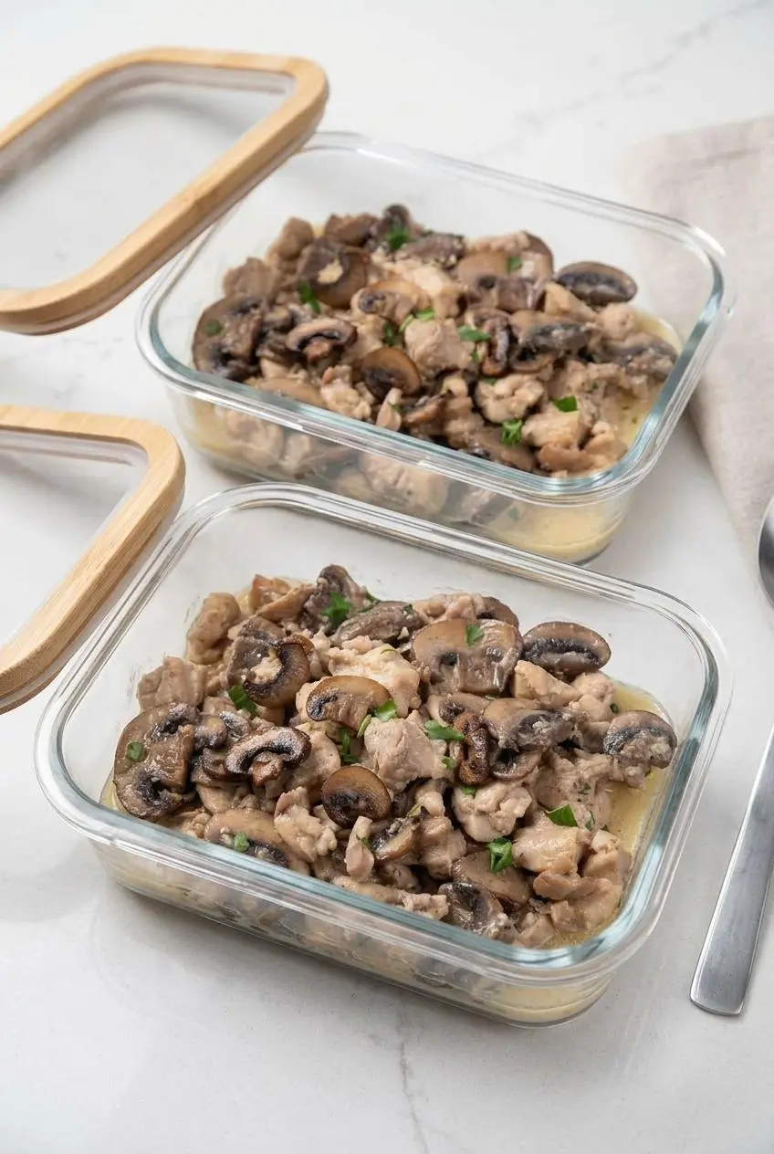 Meal prep glass containers filled with portions of keto chicken and mushrooms in glossy cream sauce.
