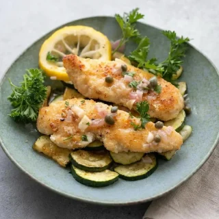 Keto chicken piccata cutlets coated in golden almond Parmesan crust with glossy lemon caper butter sauce.