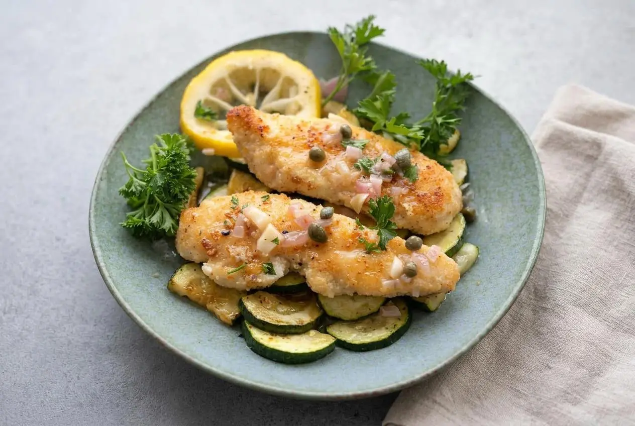 Keto chicken piccata cutlets coated in golden almond Parmesan crust with glossy lemon caper butter sauce.