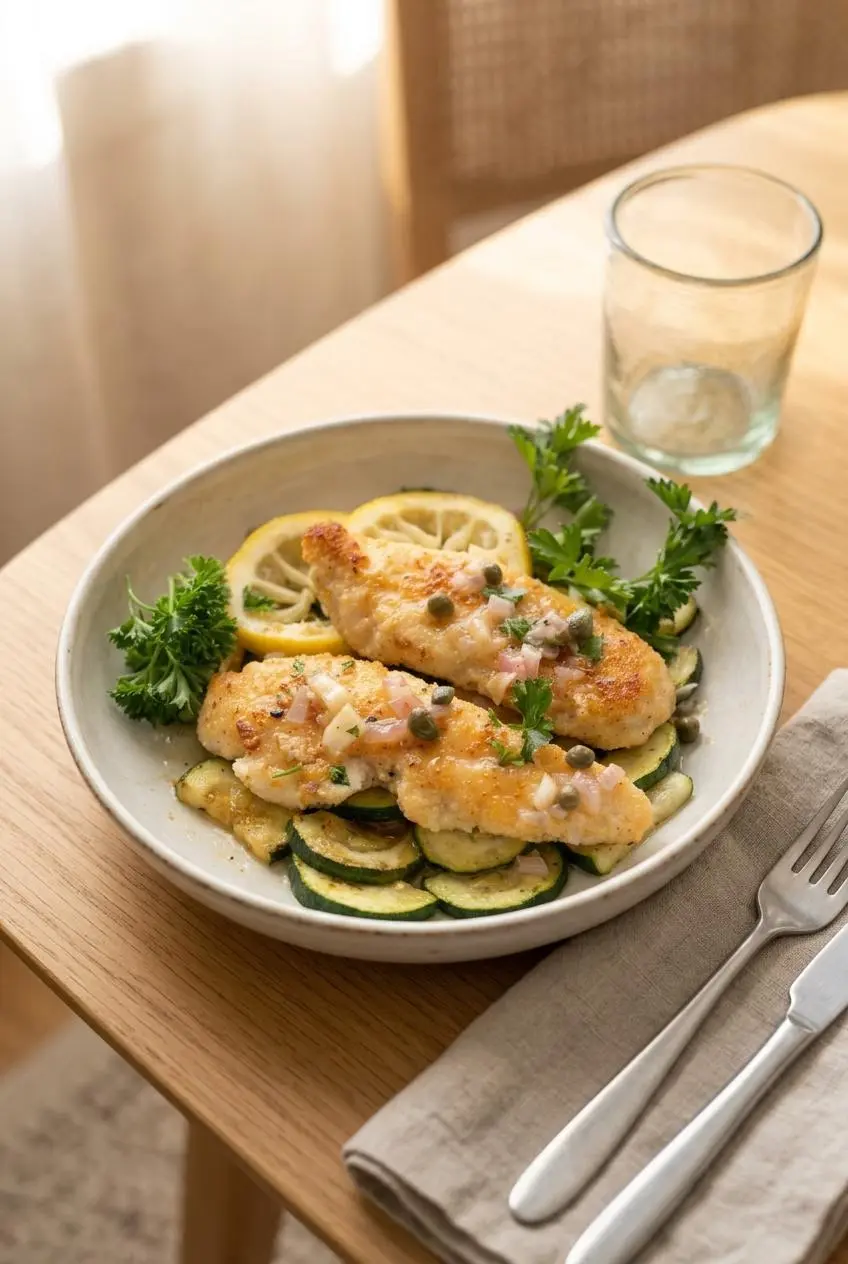 Keto chicken piccata cutlets garnished with lemon slices and capers served over tender zucchini ribbons.