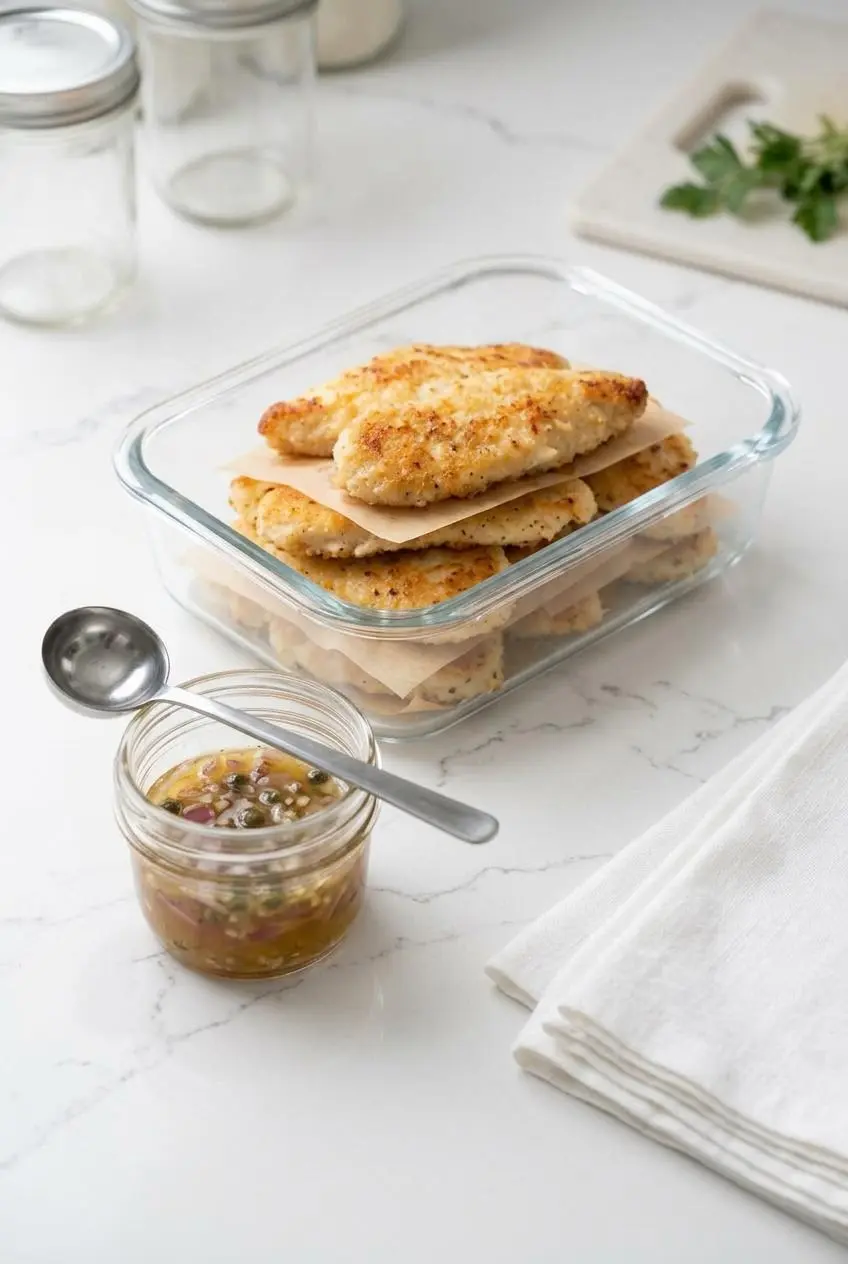 Pan-seared chicken cutlets in a glass storage container next to lemon caper sauce stored separately in a jar.