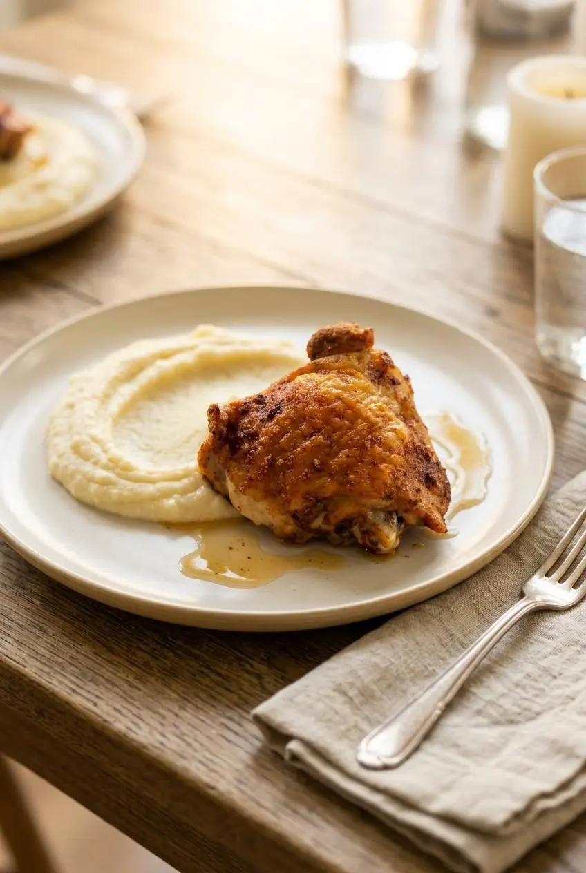 Crispy chicken thigh on a dinner plate with creamy cauliflower mash and roasting drippings.