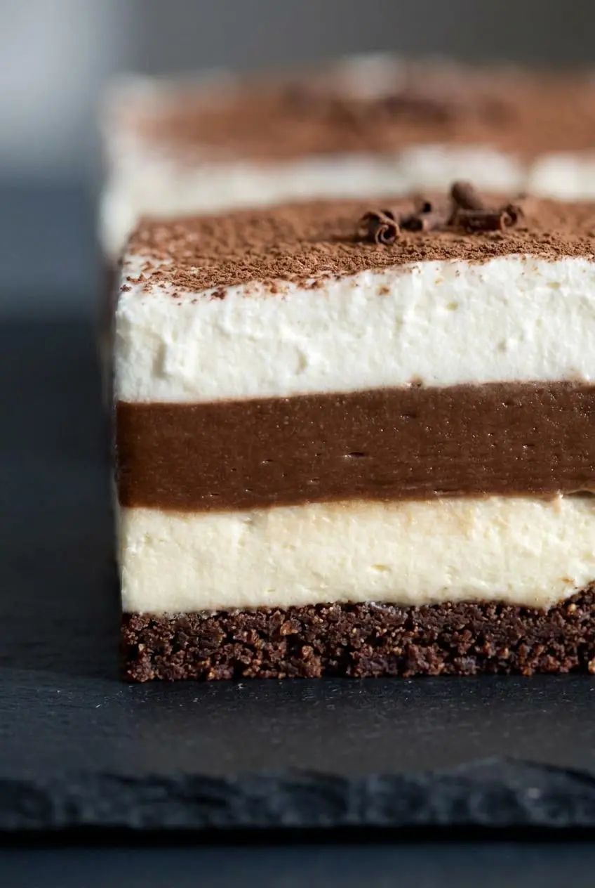 Macro cross section of keto chocolate lasagna showing four clean, distinct chilled layers on slate.