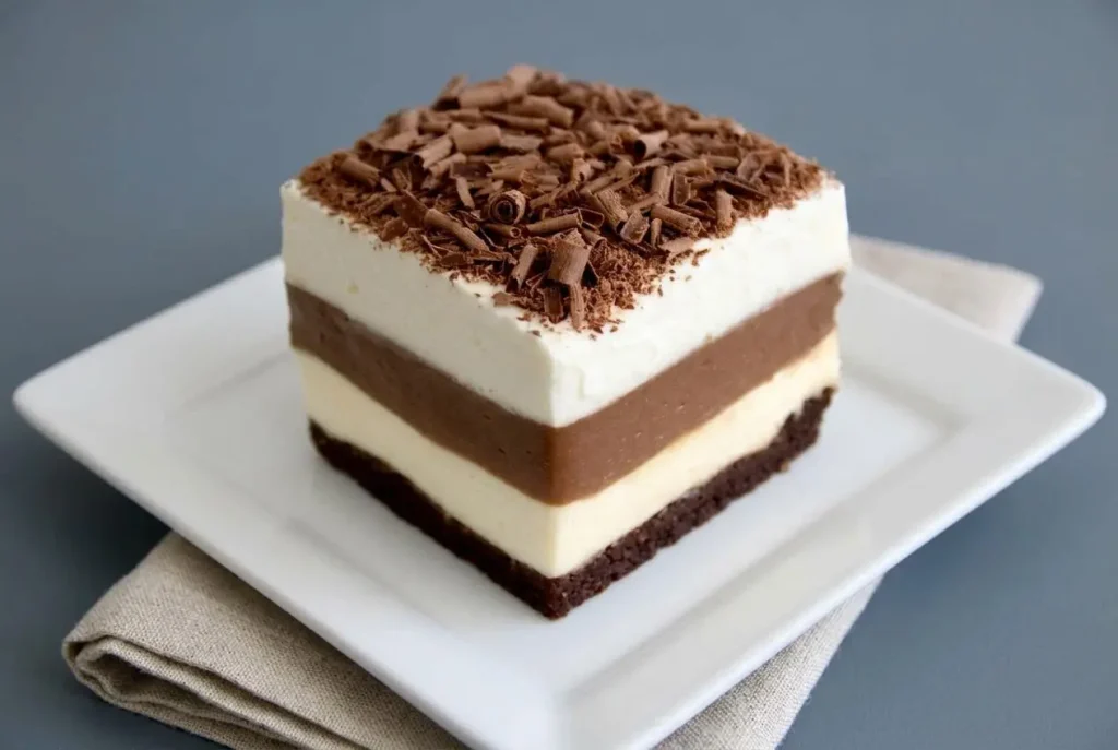 Keto chocolate lasagna square showing crisp cocoa crust, cream cheese filling, pudding, and whipped topping.
