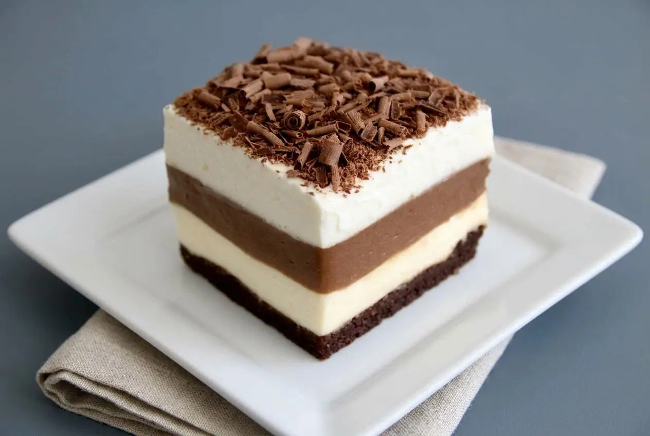Keto chocolate lasagna square showing crisp cocoa crust, cream cheese filling, pudding, and whipped topping.