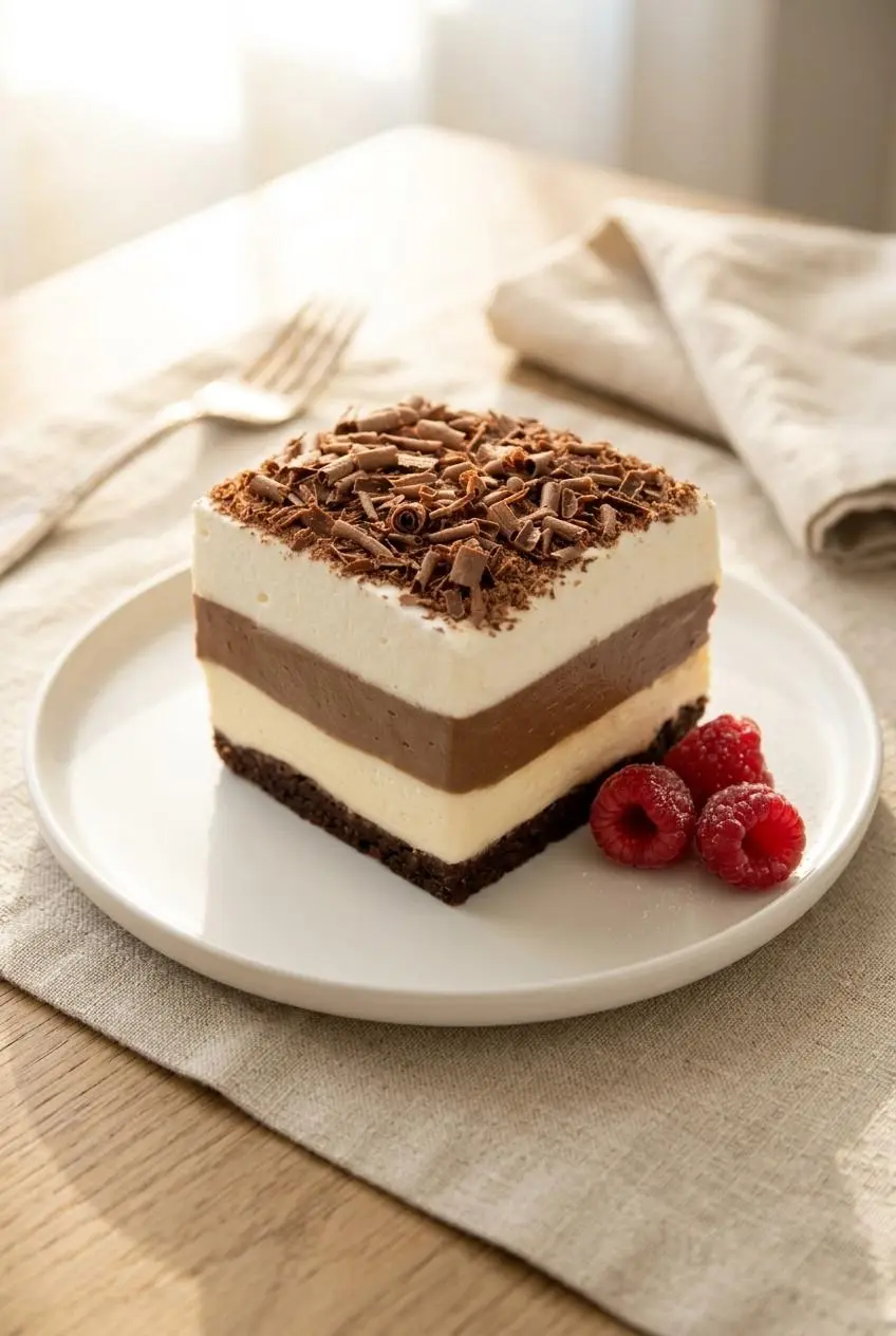 Tall slice of keto chocolate lasagna on a white plate with fresh raspberries and chocolate curls.