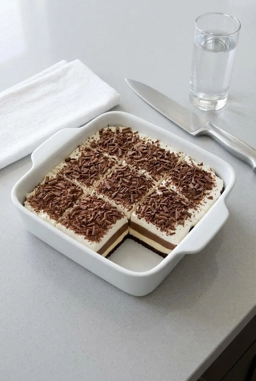 Baking dish of sliced keto chocolate lasagna on quartz counter with chef knife and water glass.
