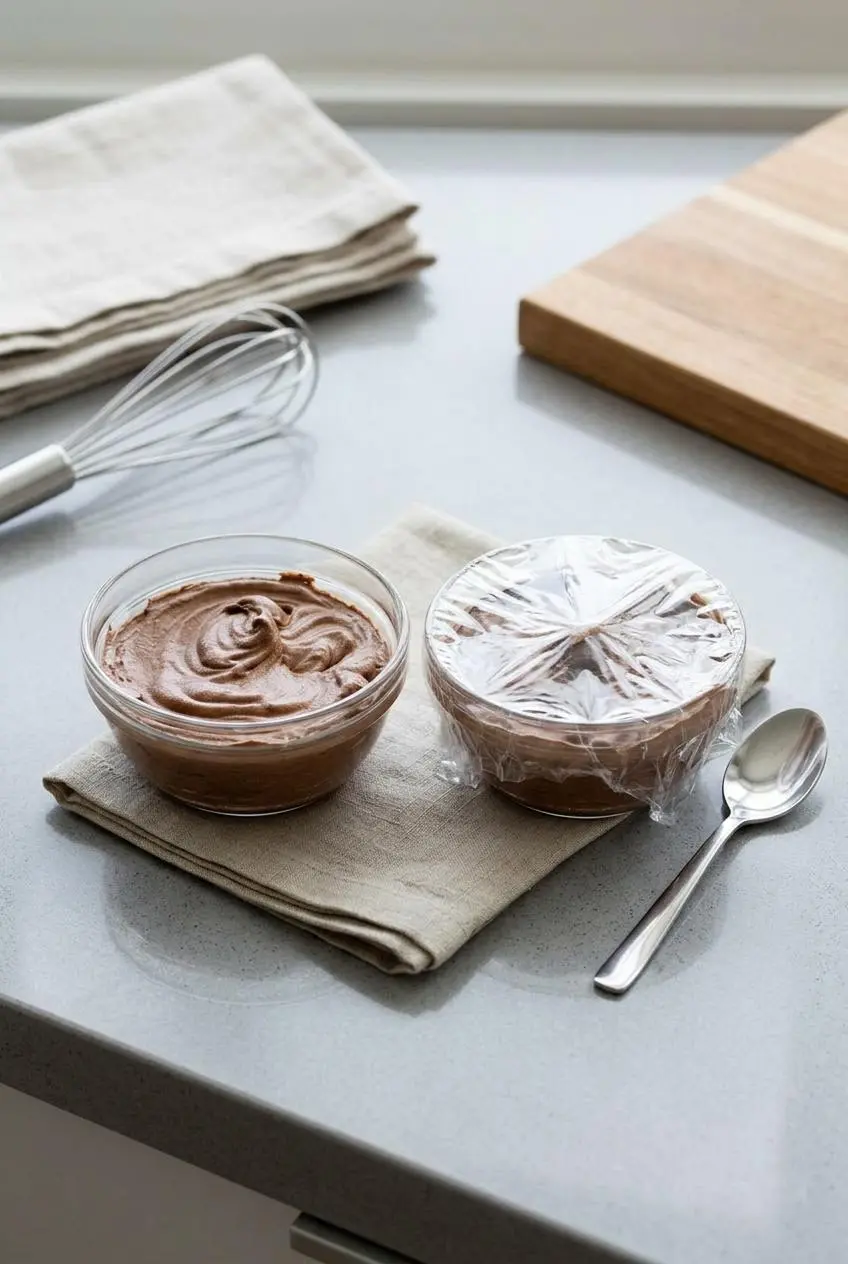 Glass ramekins of chocolate mousse with plastic wrap pressed directly on top for refrigerator storage.