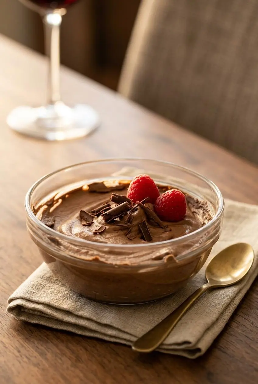 Stemmed glass of keto chocolate mousse garnished with dark chocolate curls and fresh raspberries.