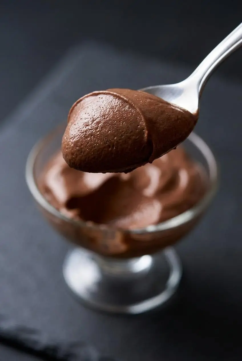 A lifted spoonful of smooth keto chocolate mousse showing an emulsified satin texture without curd grains.