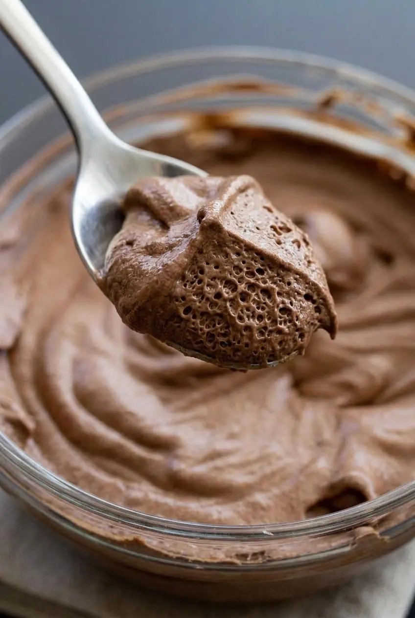Spoon lifting airy keto chocolate mousse showing smooth micro-bubbles and no gritty sweetener crystals.