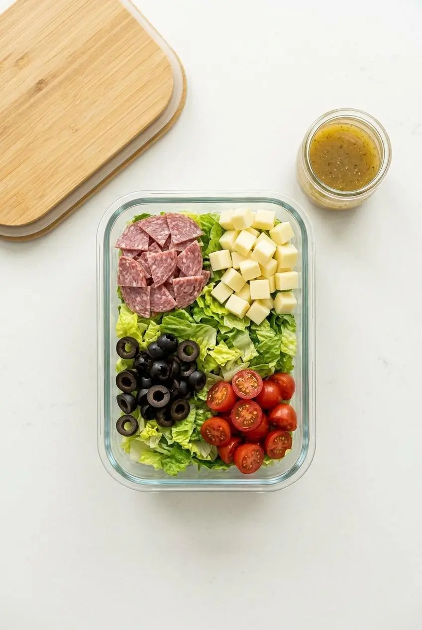 Glass meal prep dish with chopped romaine, layered salami, cheese, tomatoes, and a separate vinaigrette jar.