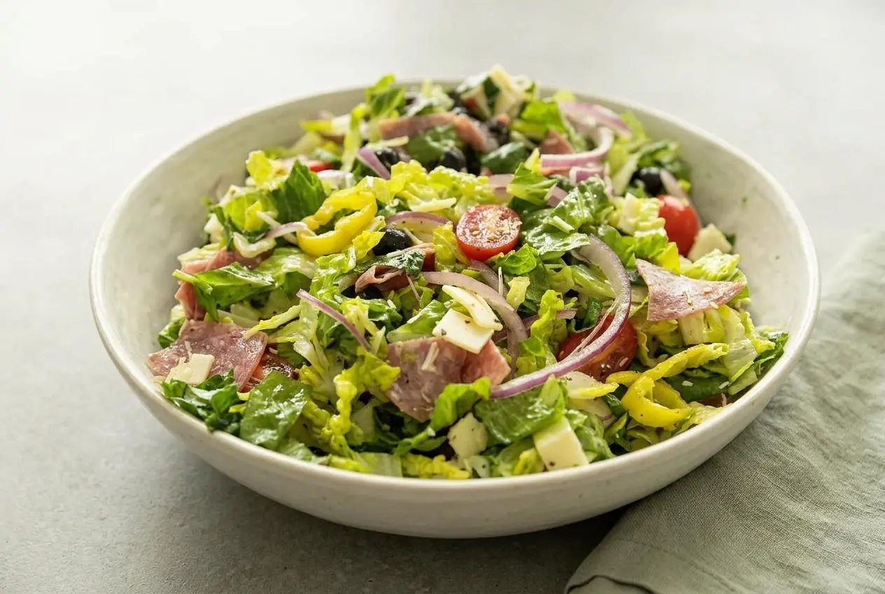 Keto chopped salad recipe with crisp romaine, Genoa salami, provolone, olives, and zesty vinaigrette in a bowl.