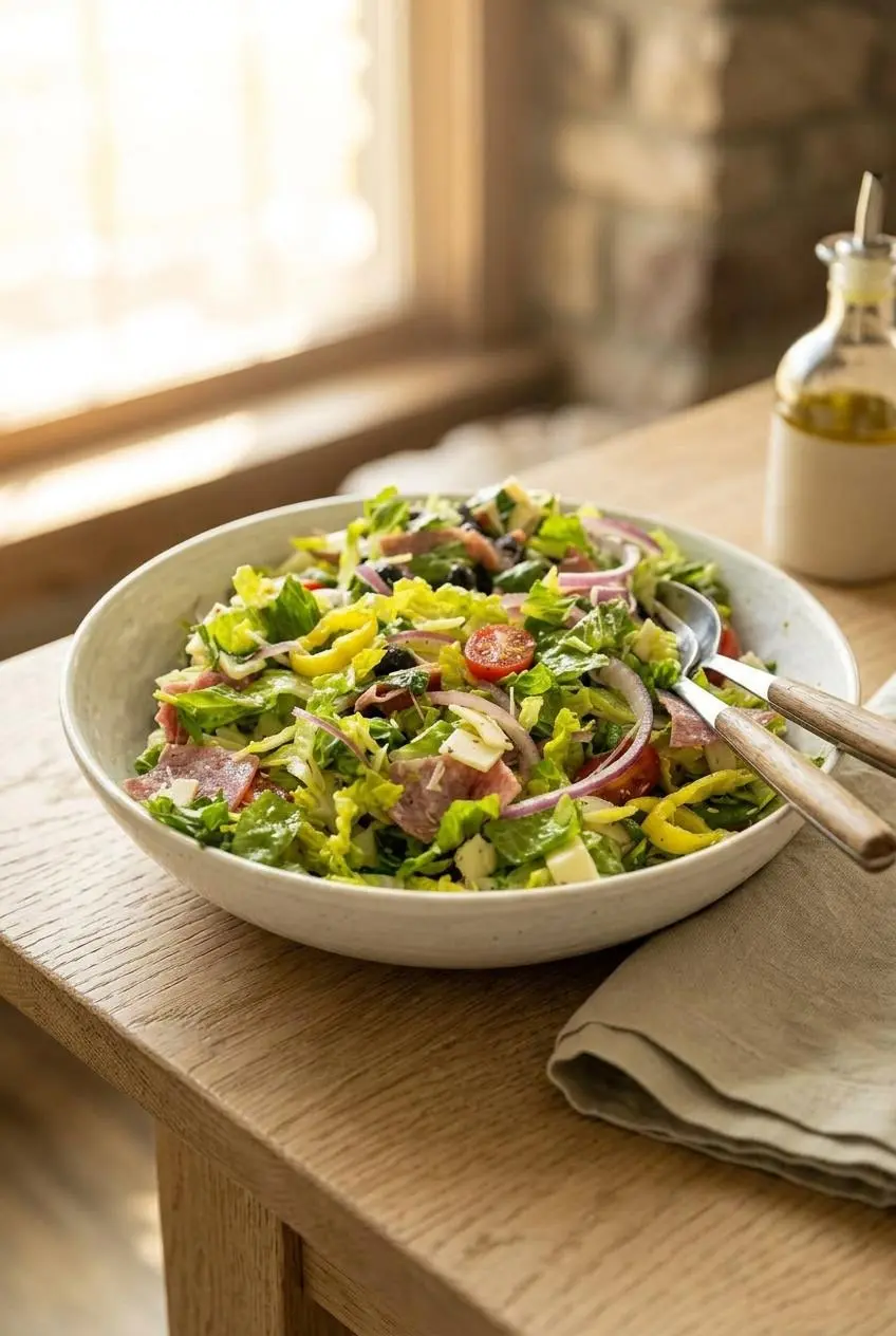 Keto Italian chopped salad served in a wide shallow ceramic bowl on a wooden dining table with salad tongs.