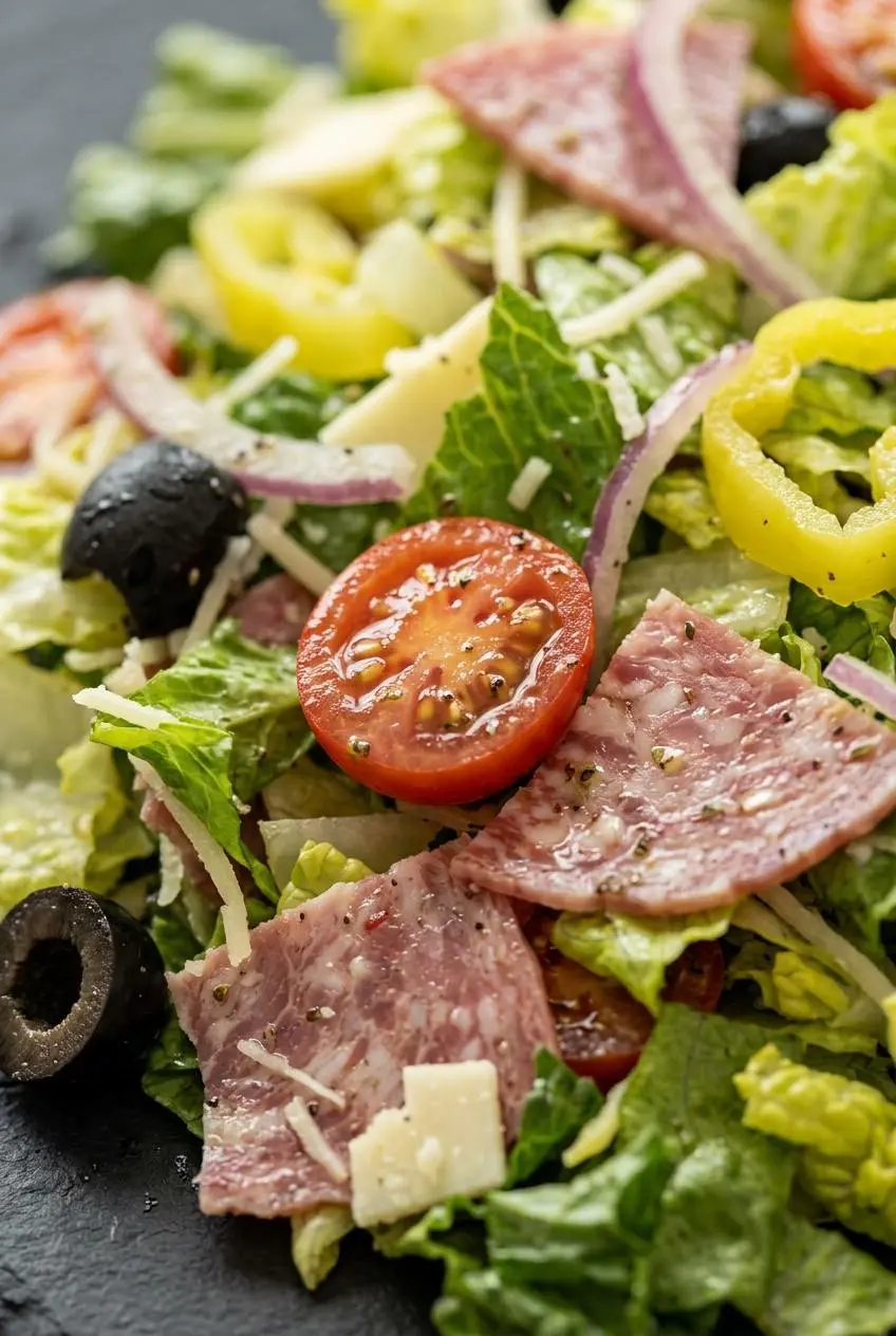 Close-up of crisp romaine ribs, sliced Genoa salami, and cherry tomatoes lightly coated in Italian dressing.