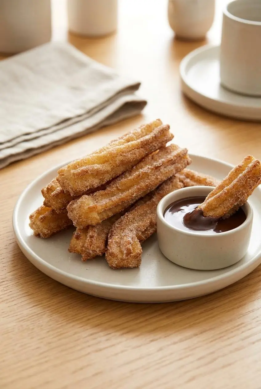 Platter of cinnamon keto churros served with a small dish of glossy low-carb dark chocolate ganache.