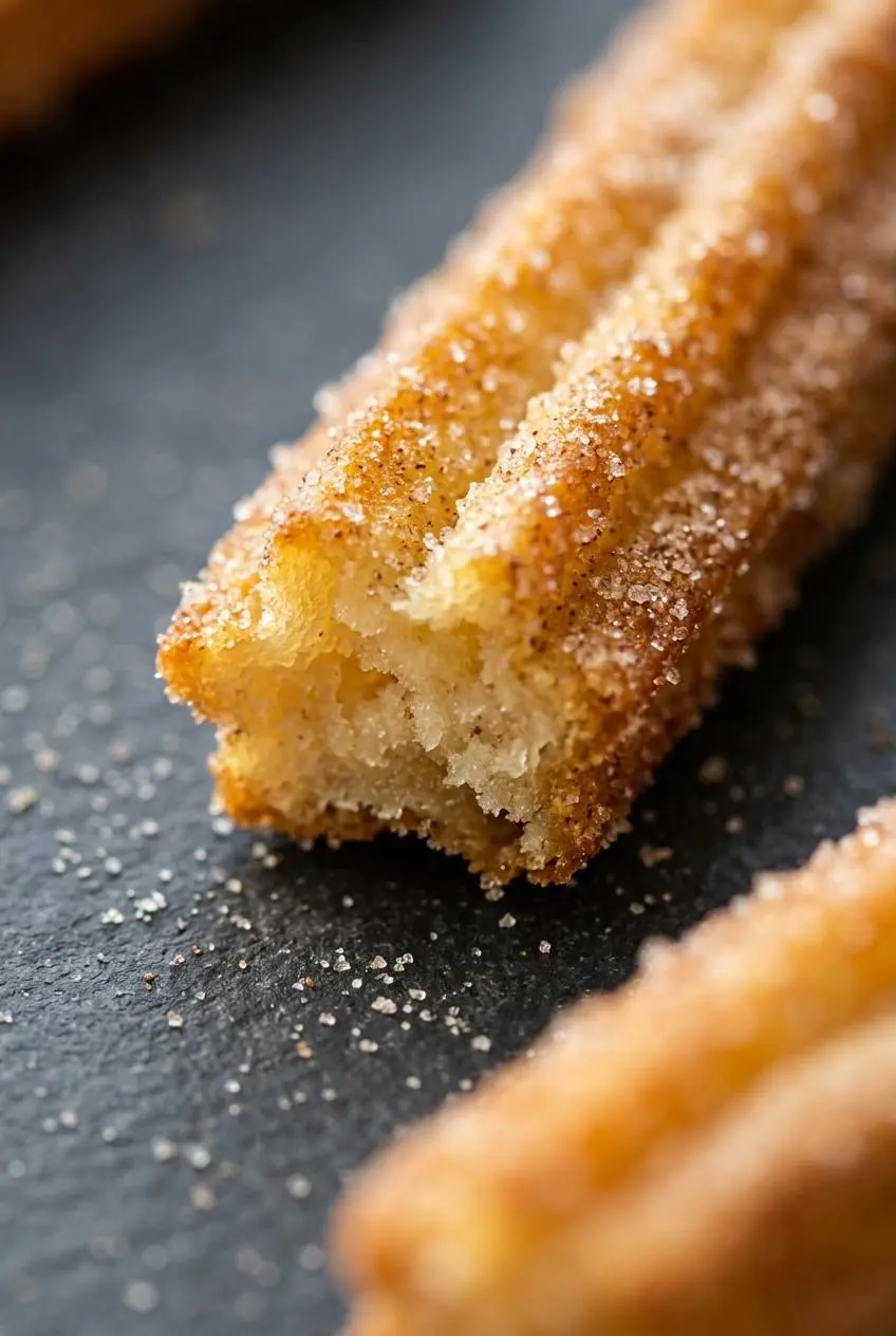 Close-up of a broken keto churro showing a tender almond-flour interior inside a crisp cinnamon-coated shell.
