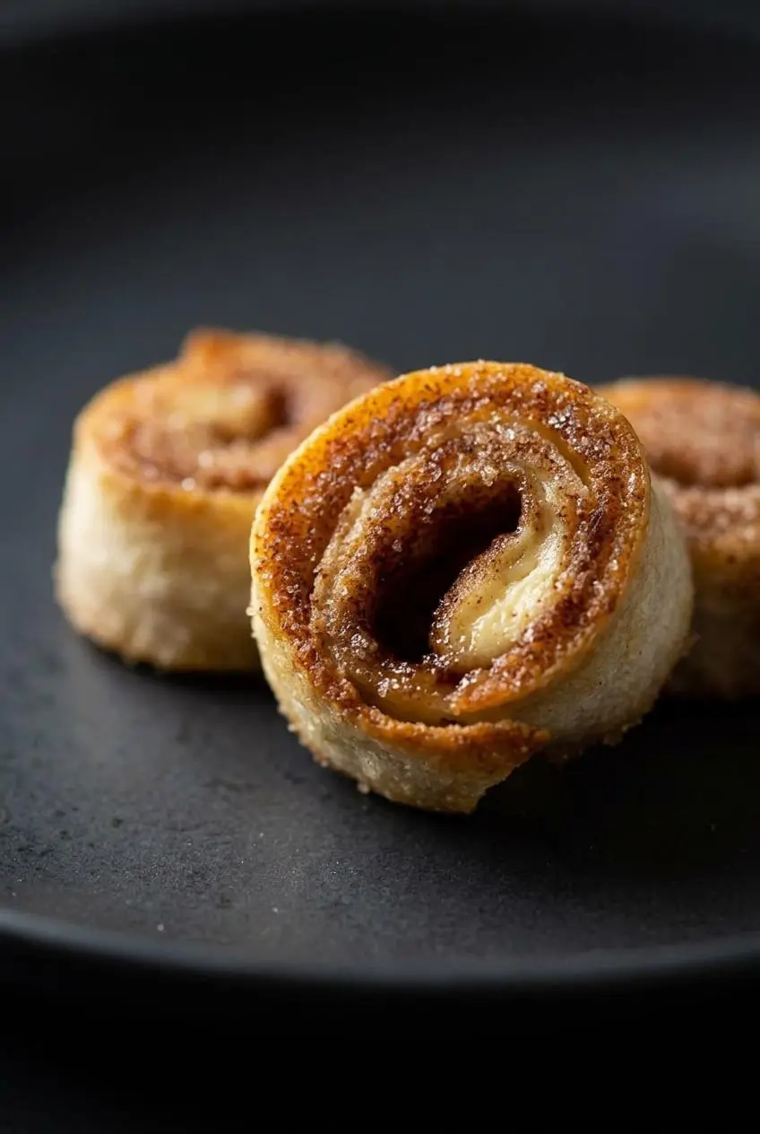 Close-up of a pan-fried cinnamon cream cheese spiral showing crisp bubbly edges and a smooth cream center.