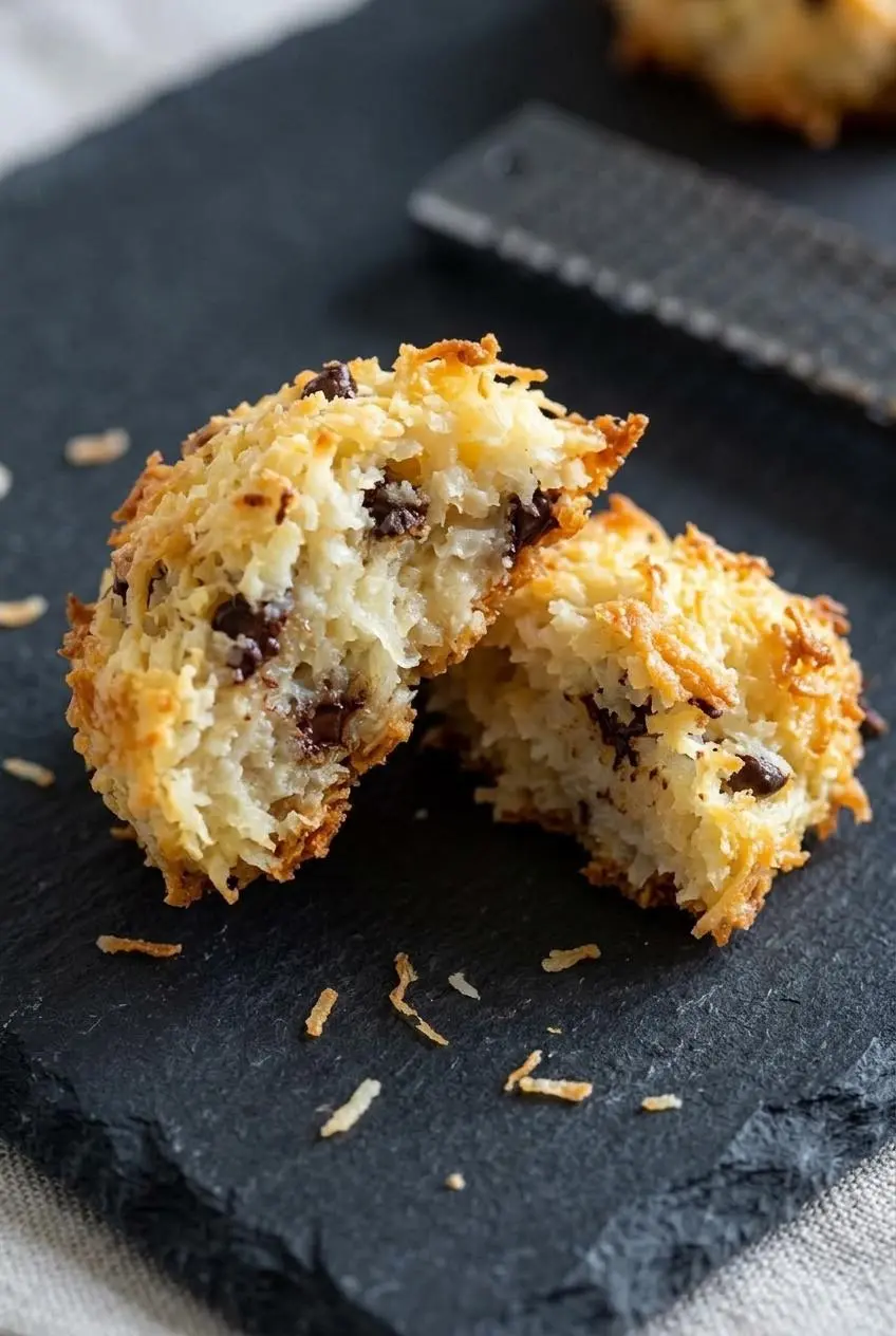 Broken keto coconut cookie showing a dense, moist interior and crisp toasted outer edge on dark slate.