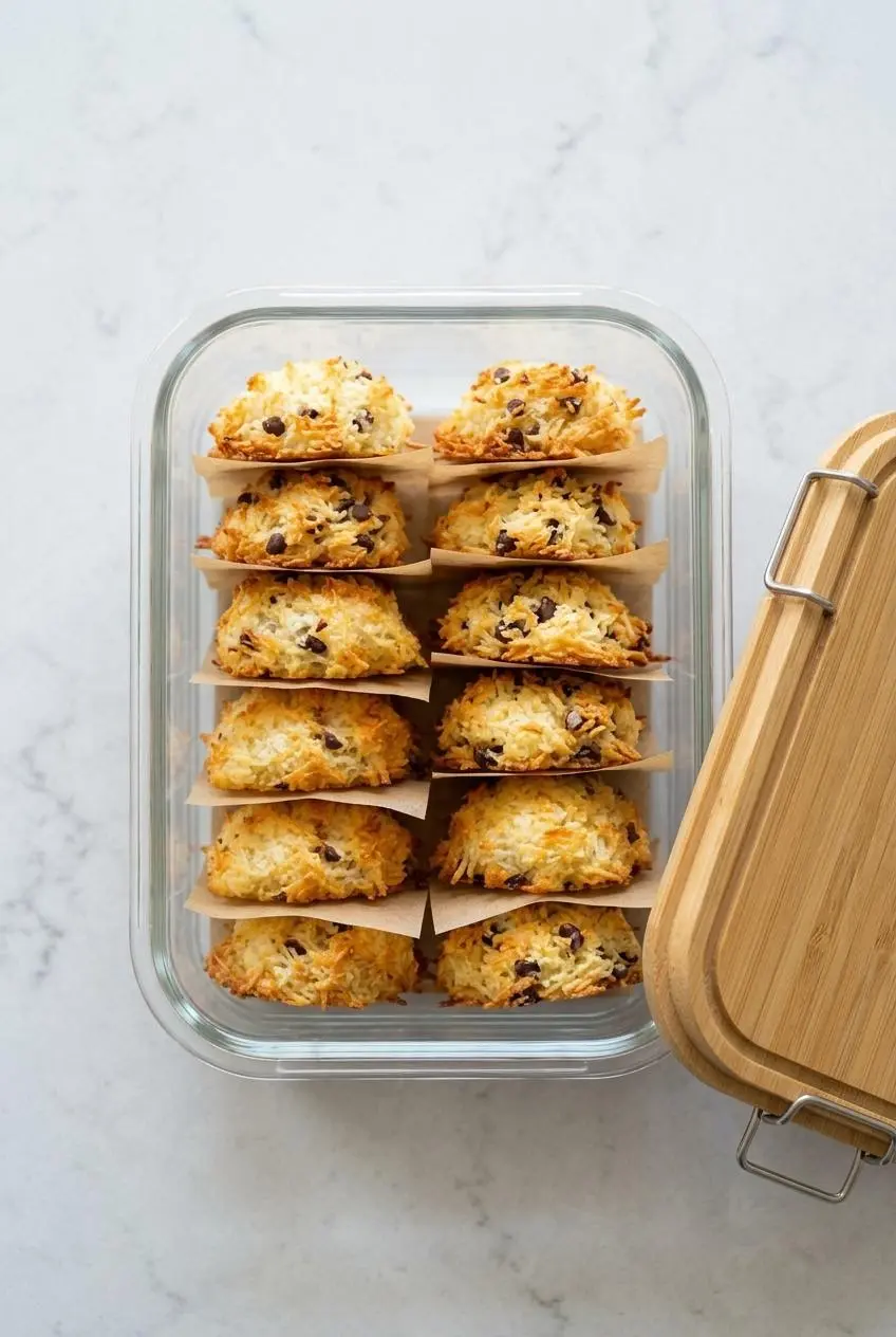 Keto coconut cookies neatly stacked with parchment paper inside an airtight glass container on a counter.