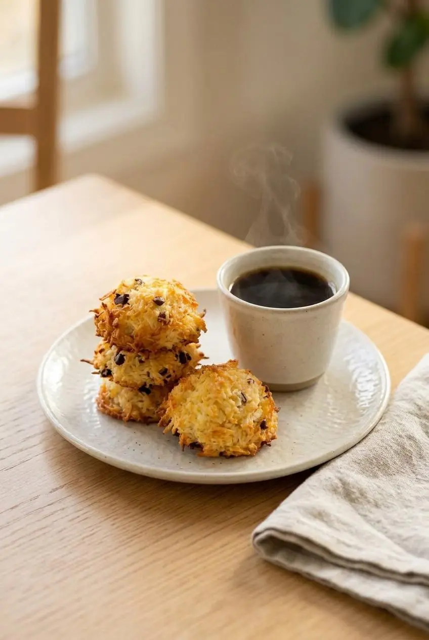 Stack of three chewy coconut cookies on a ceramic plate beside a cup of freshly brewed black espresso.