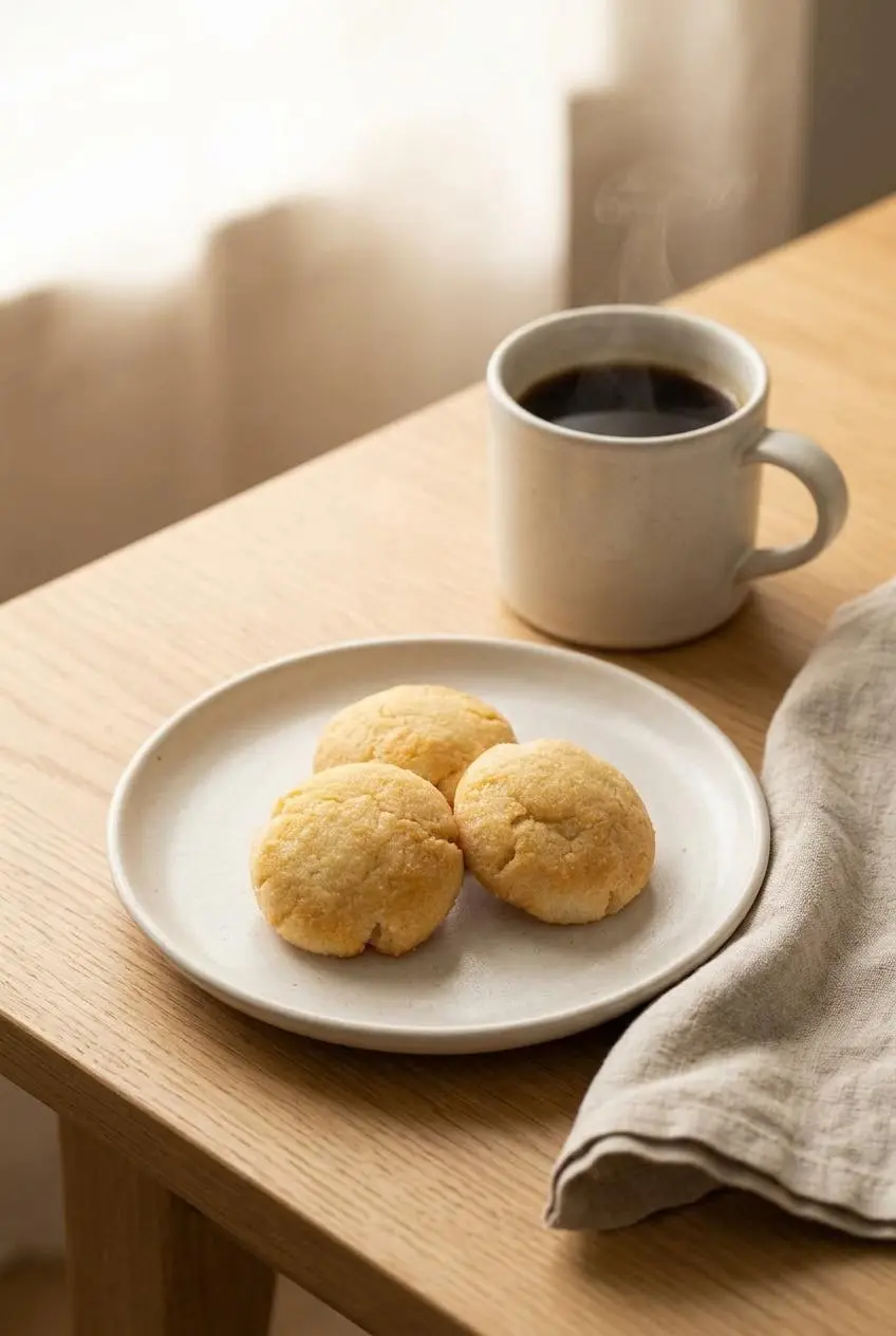 Three keto coconut flour cookies served on a white ceramic plate beside a cup of black espresso.