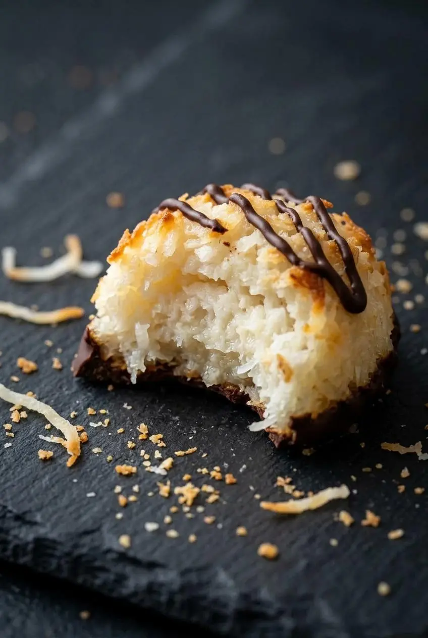Close-up of a broken keto coconut macaroon revealing a moist, chewy center and lightly browned shredded edges.