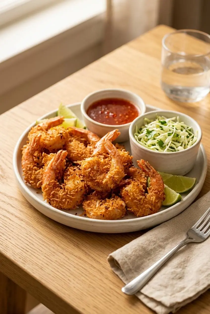 Platter of keto coconut shrimp served with sugar-free sweet chili sauce, lime wedges, and cabbage slaw.