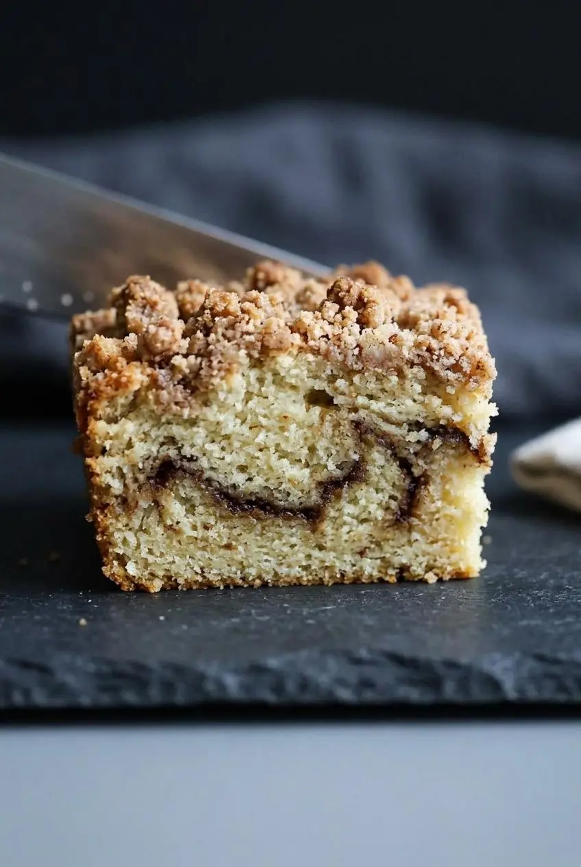 Close-up cross section of keto coffee cake showing a dark cinnamon ribbon inside a tender crumb.