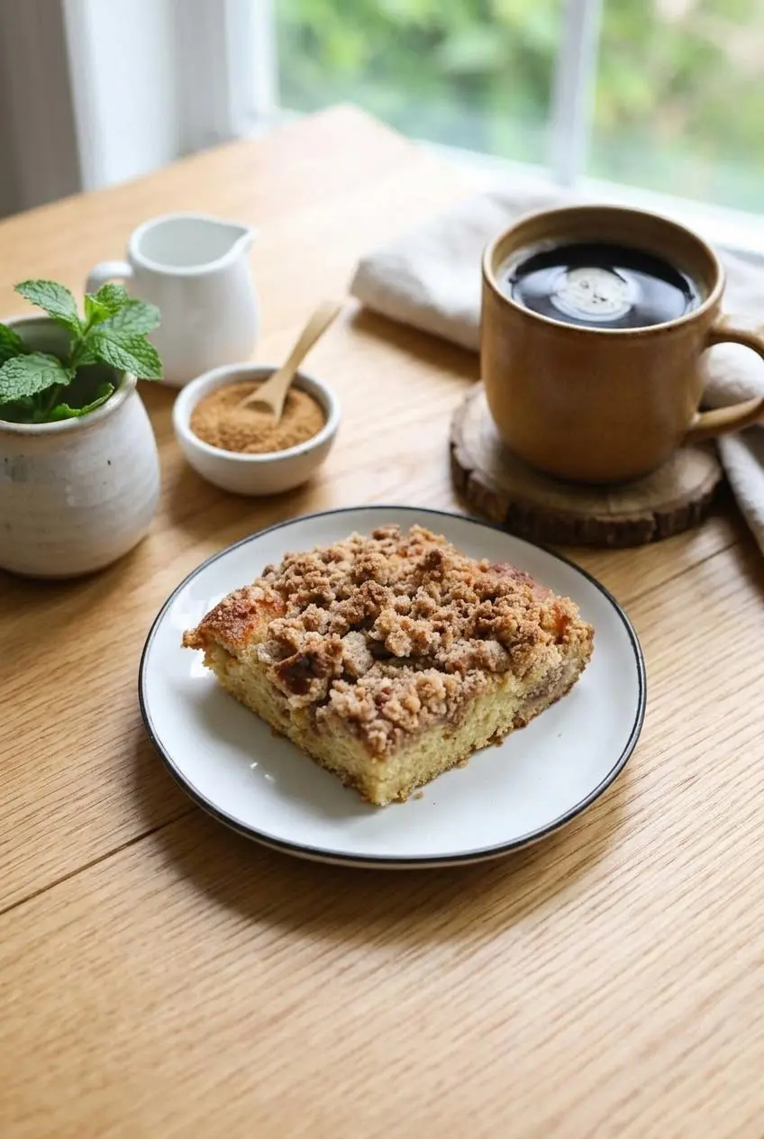 Square slice of keto coffee cake on a ceramic plate next to a mug of steaming black coffee.