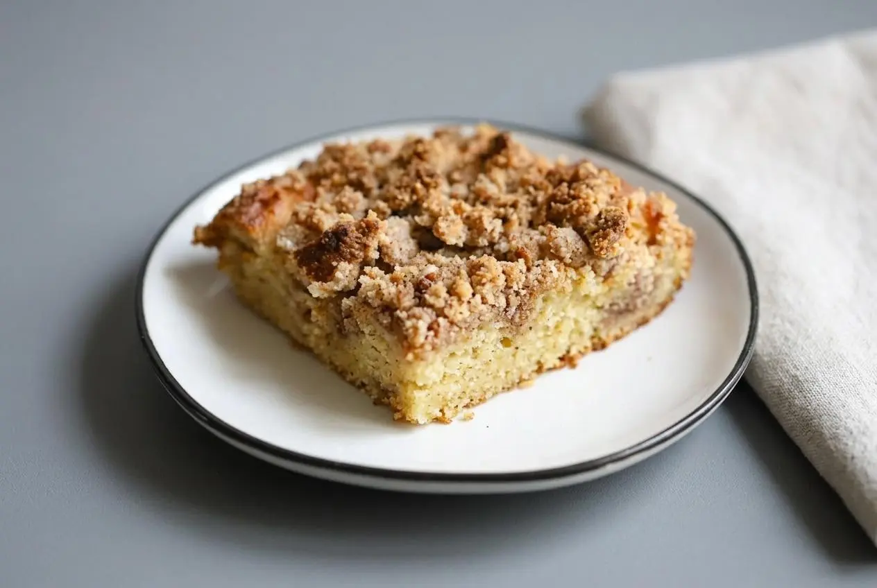 Keto coffee cake with bakery style pecan streusel topping and tender almond flour crumb.