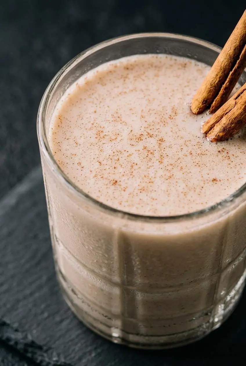 Macro view of smoothly emulsified keto coquito showing fine surface micro-froth and ground spice flecks.