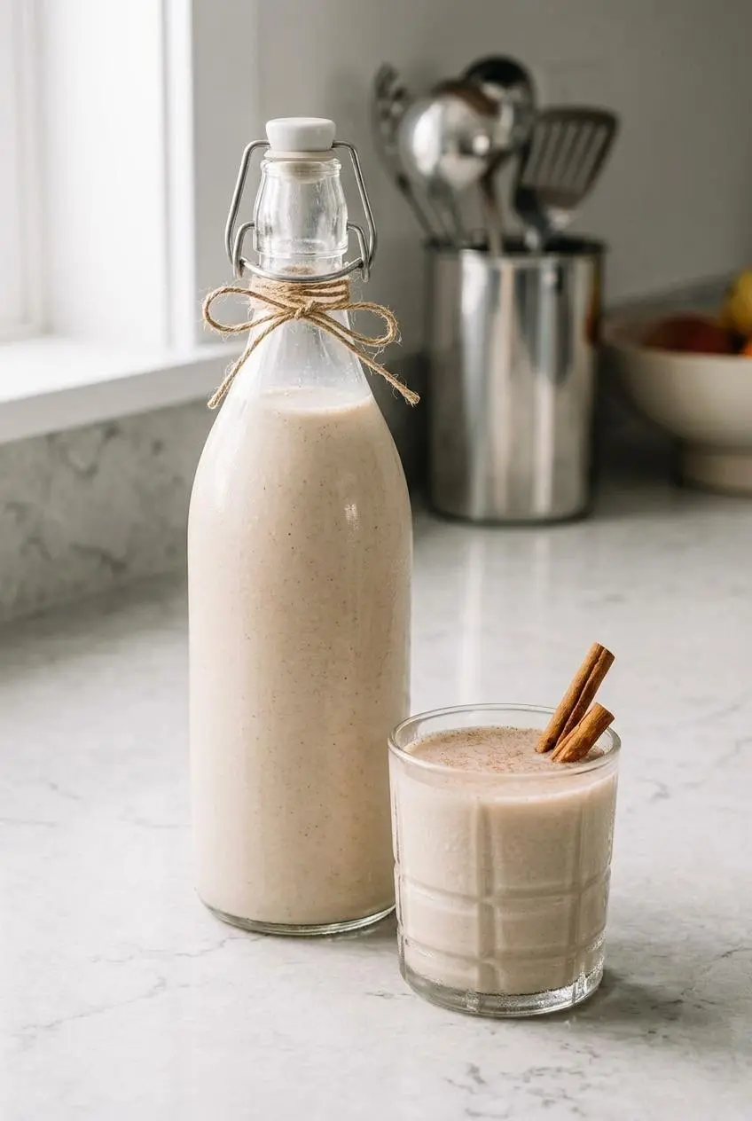 Airtight swing-top glass bottle of keto coquito tied with twine beside a freshly poured small glass.