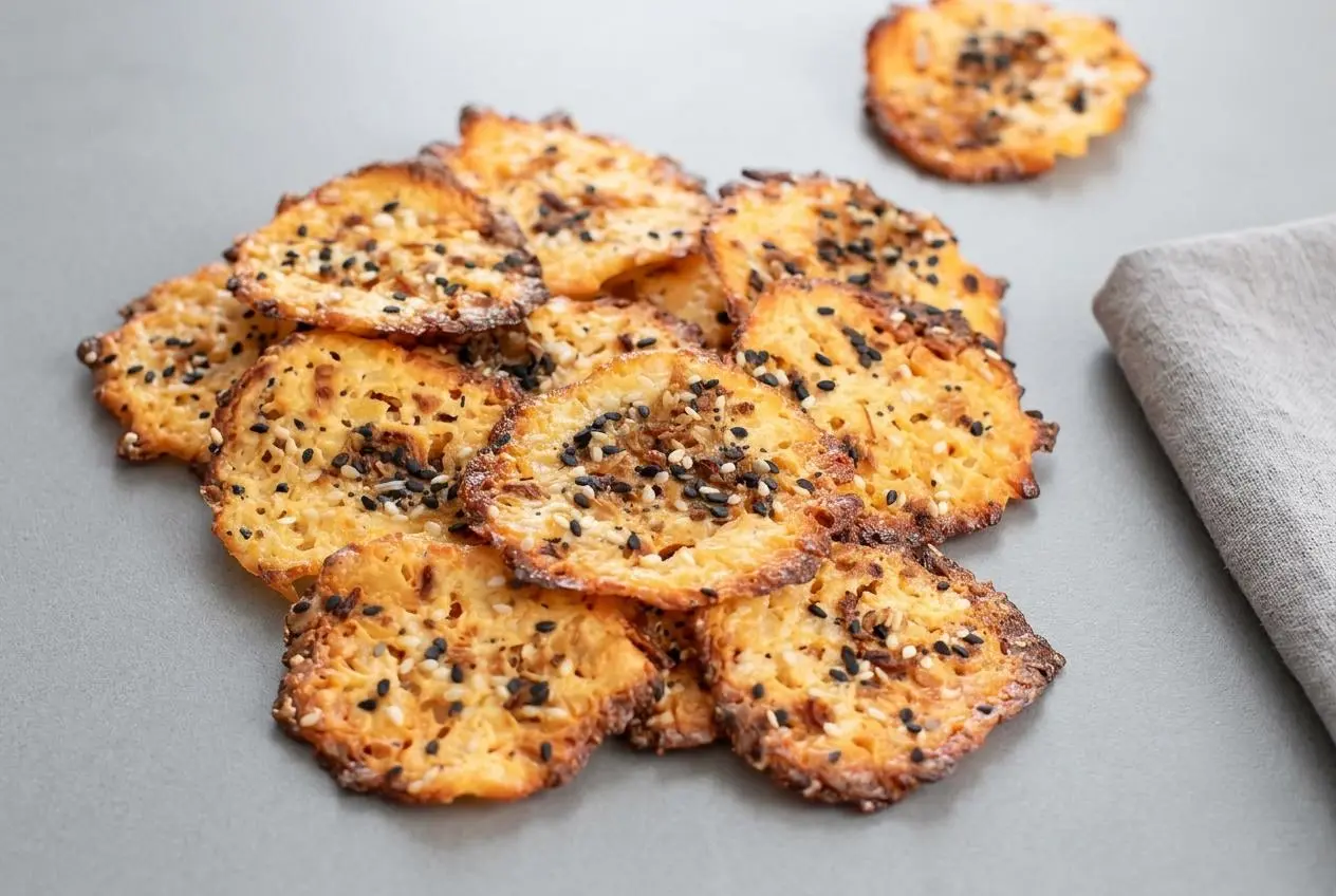 Golden keto cottage cheese chips baked crisp with deeply browned, lacy edges on parchment paper.