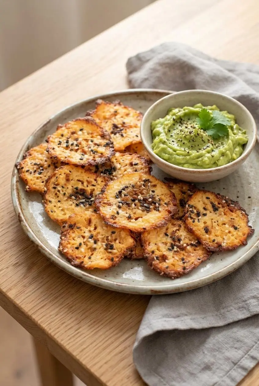 Crisp keto cottage cheese chips on a ceramic plate served alongside a small bowl of creamy guacamole.