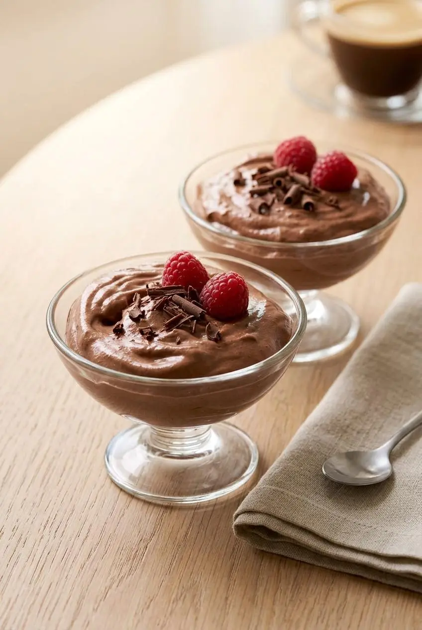 Glass ramekins of low-carb chocolate mousse garnished with dark chocolate shavings and fresh raspberries.