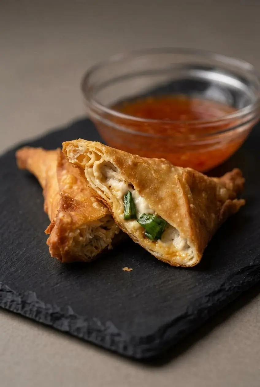 Snapped fried keto crab rangoon showing crisp blistered crust and steamy crab cream cheese filling.