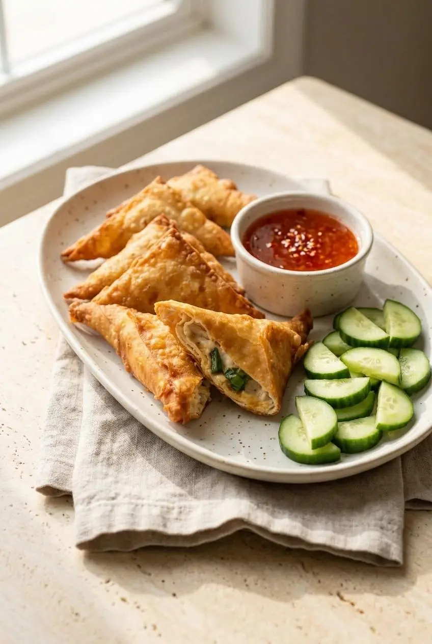 Platter of golden keto crab rangoon served with sugar-free sweet chili sauce and sliced cucumber.