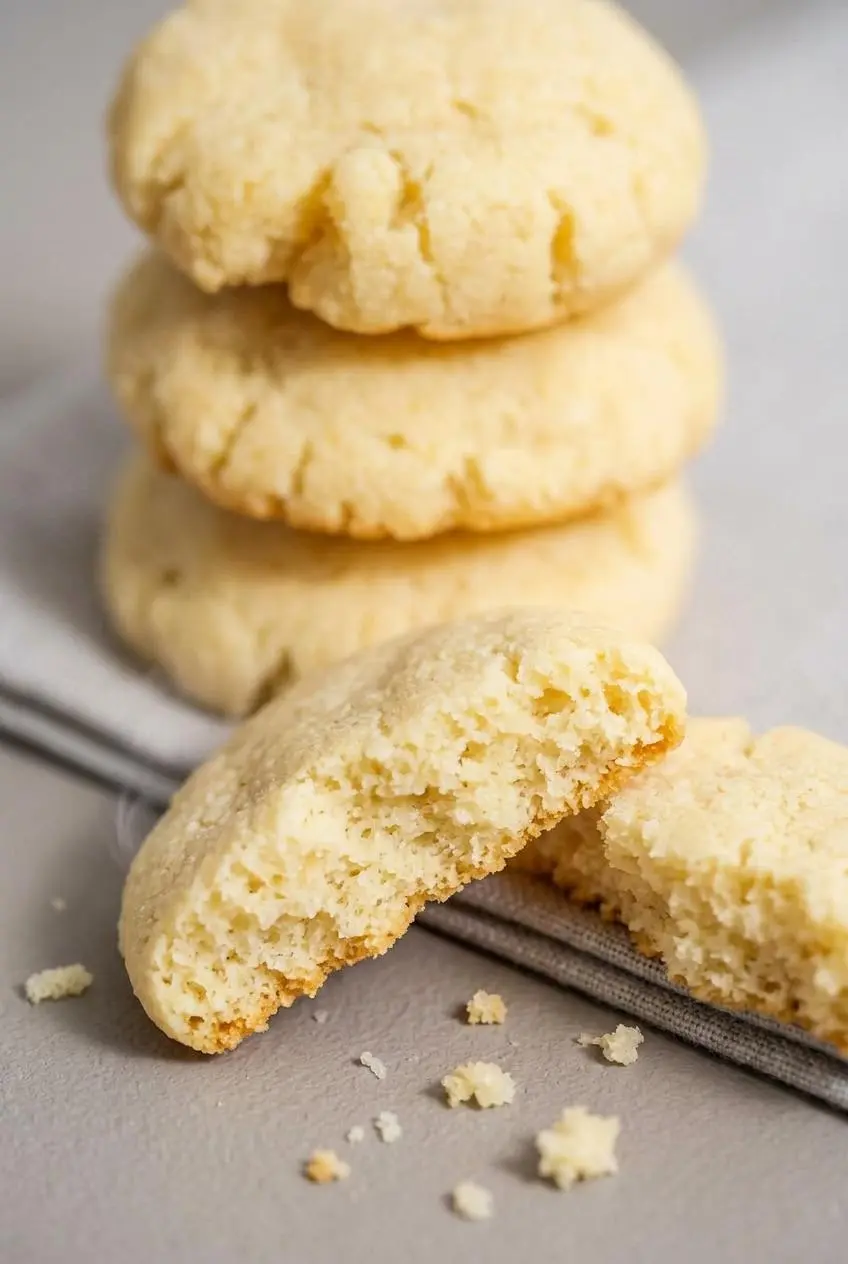 Broken keto cream cheese cookie revealing a tender crumb structure and lightly toasted bottom edge on slate.