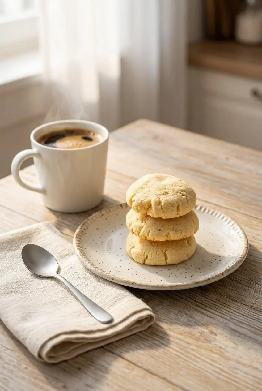 Stack of keto cream cheese cookies on a ceramic plate beside a mug of hot dark roast coffee.
