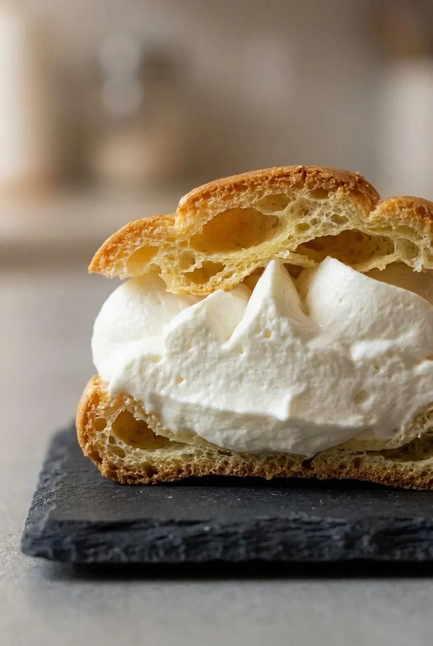 Sliced keto cream puff showing an airy interior crumb and a swirl of glossy vanilla whipped cream.