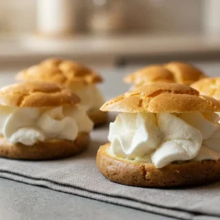 Golden keto cream puffs filled with fluffy vanilla whipped cream on a clean platter.
