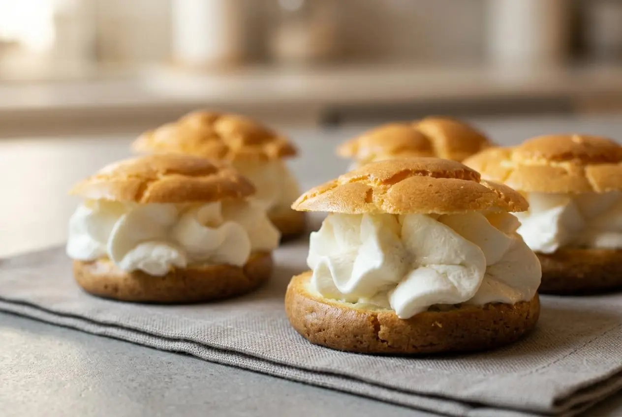 Golden keto cream puffs filled with fluffy vanilla whipped cream on a clean platter.