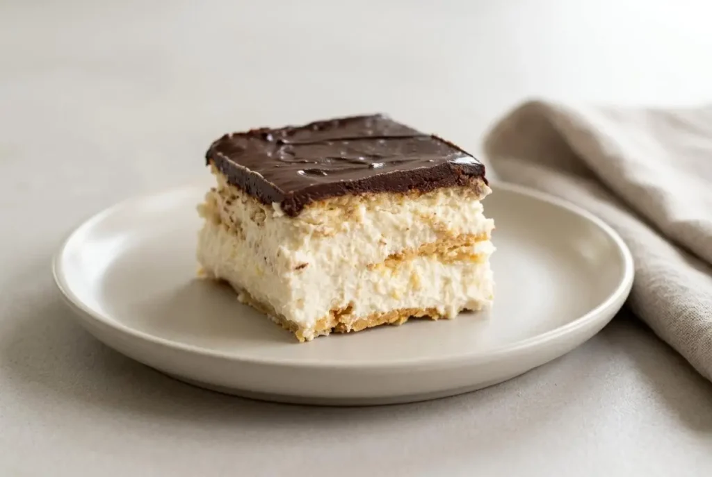 Keto eclair cake layered with vanilla pastry cream and a silky dark chocolate ganache glaze.