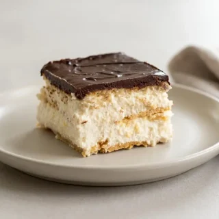 Keto eclair cake layered with vanilla pastry cream and a silky dark chocolate ganache glaze.