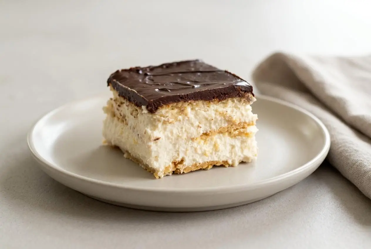 Keto eclair cake layered with vanilla pastry cream and a silky dark chocolate ganache glaze.