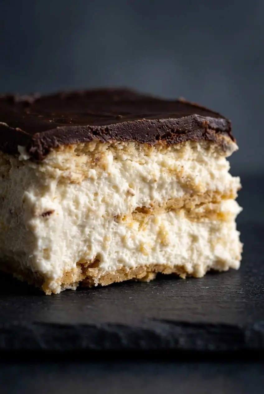 Macro cross section of keto eclair cake layers showing almond pastry, vanilla cream, and chocolate topping.