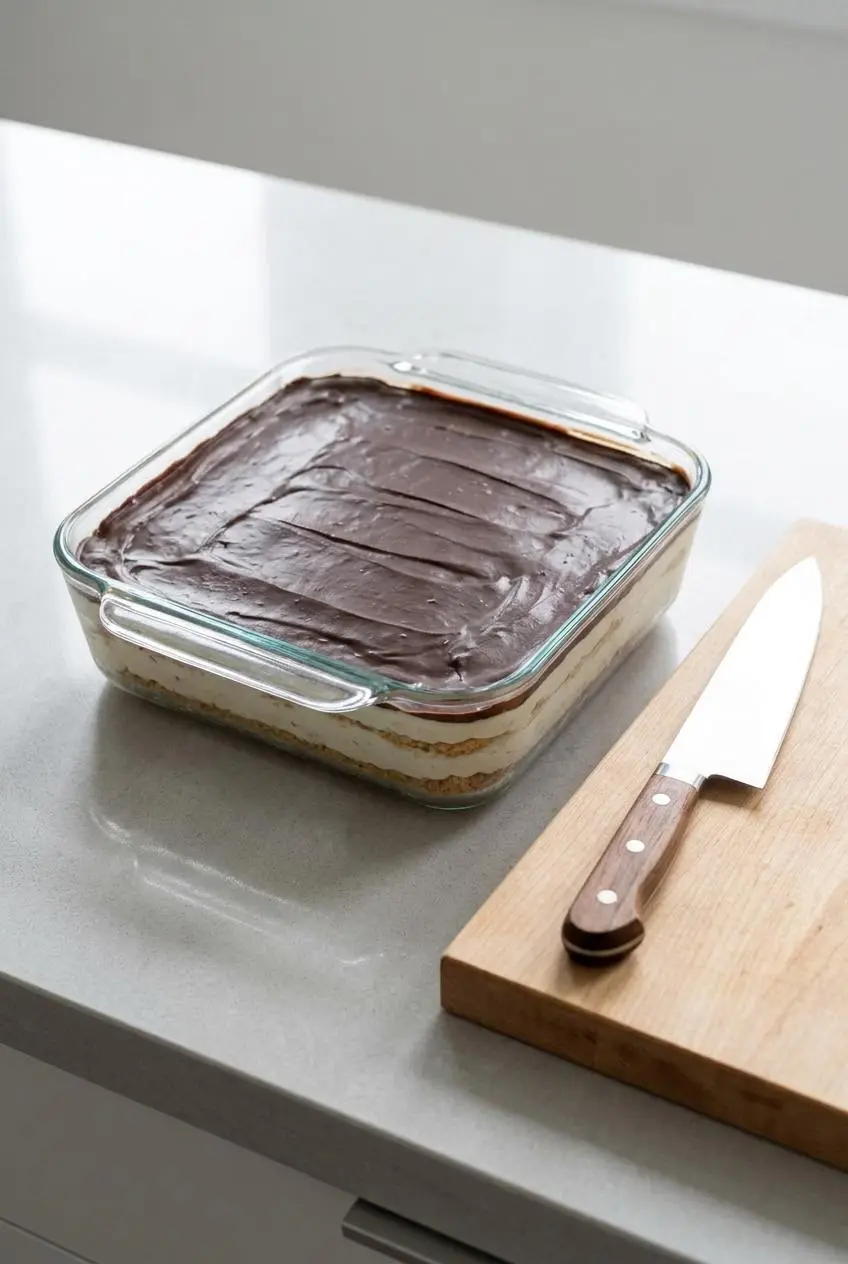 Chilled 9x9 baking pan of keto eclair cake with set chocolate topping alongside a chef knife on a counter.