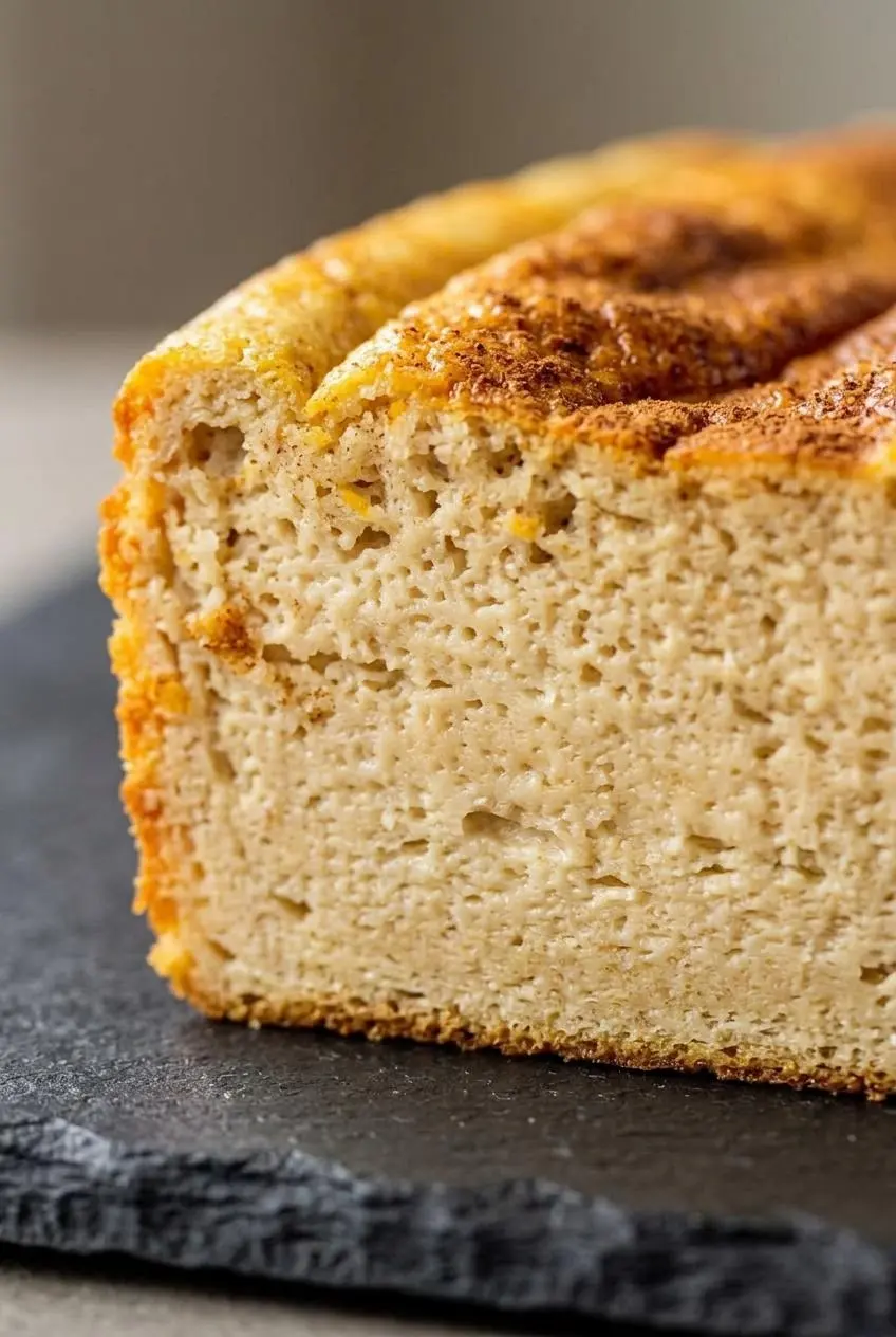 Macro cross section of a keto egg loaf slice showing a smooth, lump-free custardy crumb and golden crust.
